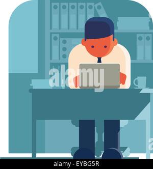 Uomo seduto in ufficio e di lavoro sul computer portatile. Illustrazione Vettoriale