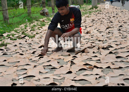 Dacca in Bangladesh. 26 Luglio, 2015. Un quotidiano del Bangladesh operaio si asciuga non trasformati in pelle di piccoli pezzi per un locale fabbrica di scarpe su un lato strada a Hajaribug a Dhaka, nel Bangladesh, il 23 marzo 2015. Credito: Mamunur Rashid/Alamy Live News Foto Stock