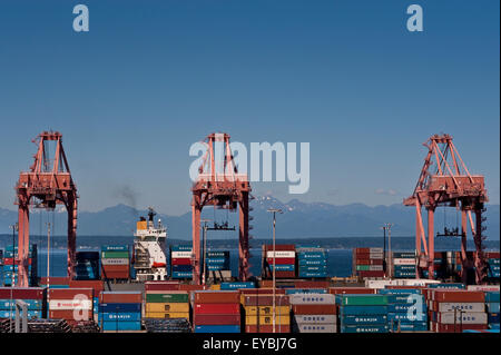 Porto di Seattle con grandi gru di scarico la nave da carico lungo Seattle Waterfront con montagne olimpiche Foto Stock