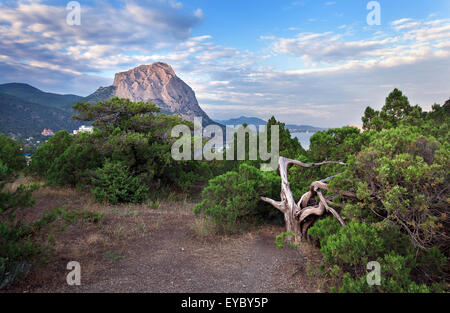Bella estate tramonto al mare con montagne, alberi e cielo blu in Crimea Foto Stock
