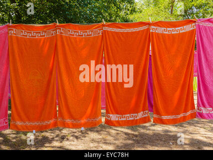 Asciugamani colorati appeso a una fune nel bosco Foto Stock