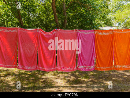 Asciugamani colorati appeso a una fune nel bosco Foto Stock