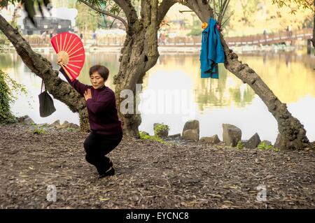 Una donna practice Tai Chi con un ventilatore in un parco in Cina a Shanghai. Foto Stock