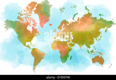Mondo acquerello semplice illustrazione della mappa Foto Stock