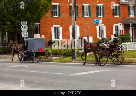 Amish buggies condividono la carreggiata in Lancaster County, PA. Foto Stock