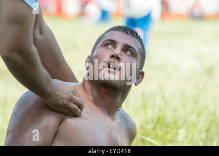 Il lottatore lottatori Kirkpinar olio campionati di wrestling, Edirne, Turchia Foto Stock