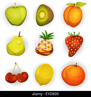 Illustrazione di una serie di fumetti in primavera ed estate frutta e ingredienti per prodotti alimentari ricette e marmellata Foto Stock