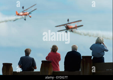 Le persone sul lungomare a guardare l'Ala Breitlng Walkers in azione all'Airshow di Eastbourne, East Sussex, Regno Unito Foto Stock