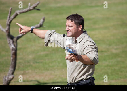 Hertfordshire, Inghilterra, circa del luglio 2015, Steve Backshall, naturalista e wildlife presenter ad una fauna live show con una Kooka Foto Stock