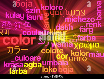 Concetto di sfondo wordcloud internazionale multilingue molti corsi di illustrazione di colore luce incandescente Foto Stock