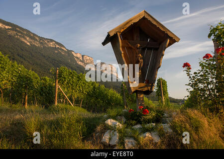 Un cattolico crocifisso e un vigneto nella regione vinicola del sud-ovest di Bolzano, Alto Adige, Italia settentrionale. Foto Stock