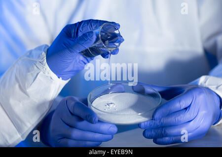 Close up di scienziati mani con sostanze chimiche di laboratorio Foto Stock