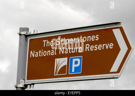 Informazioni segno per il Stiperstones Riserva Naturale Nazionale, Shropshire, Inghilterra, Regno Unito Foto Stock