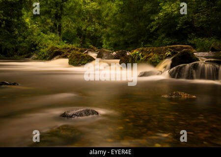 Una lunga esposizione del fiume Lyhner in Oriente Cornovaglia Foto Stock