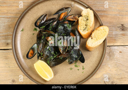 La piastra di cottura delle cozze in salsa di vino bianco Foto Stock