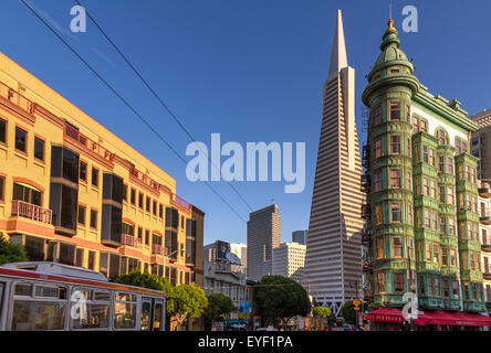 La Piramide Tranamerica e il verde rame Sentinel edificio dominano Columbus Avenue,nel Nord area della spiaggia di San Francisco, California, Stati Uniti d'America Foto Stock