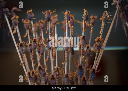 Il mercato notturno e cibi esotici di Wangfujing Street, a Pechino, in Cina. Foto Stock