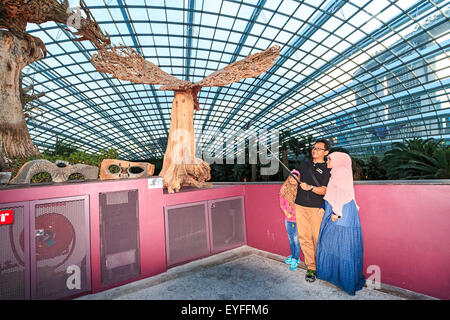 La famiglia musulmana prende 'selfie' photo al clima mediterranea cupola fiore giardino in giardini dalla baia Foto Stock