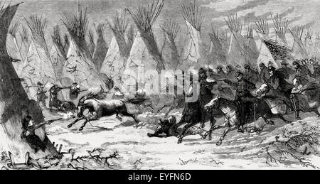 Il settimo ci carica di cavalleria in Black Kettle's Village alla luce del giorno - La battaglia del fiume Washita (chiamato anche la battaglia di Washita o il Washita massacro avvenuto il 27 novembre 1868 quando Lt. Col. George Armstrong Custer del settimo U.S. Cavalleria attaccato bollitore nero meridionale del camp Cheyenne sul fiume Washita Foto Stock