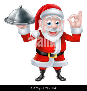 Cartoon Santa Claus tenendo un piatto di cibo o piatto d'argento cloche e dando una perfetta o okay gesto a mano Foto Stock