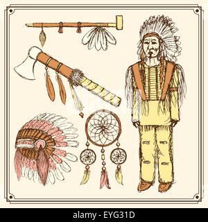 Schizzo native american impostato in stile vintage, vettore Illustrazione Vettoriale