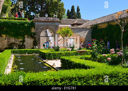 Funzione di acqua nel patio del Cipres de la Sultana nel Palazzo Generalife a Granada, Andalusia, Spagna Foto Stock