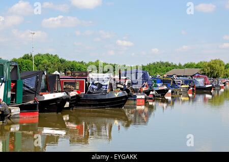 Narrowboats sulla loro ormeggi nel bacino del canale, Barton Marina, Barton-sotto-Needwood, Staffordshire, Inghilterra, Regno Unito, Europa. Foto Stock