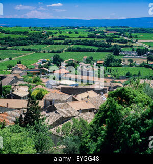 Panoramica su Châteauneuf-du-Pape case e Côtes-du-Rhône vigneti, Vaucluse Provence, Francia Foto Stock