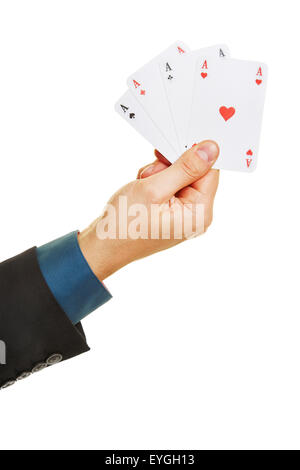 Mano che regge quattro diversi assi giocando a poker Foto Stock