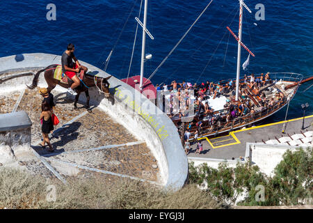 Asini che trasportano i turisti sulla strada che collega il porto alla città di Thira Santorini, l'isola greca, le Cicladi, la Grecia folle Foto Stock