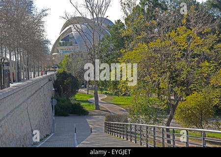 Percorsi in Giardini Turia. Valencia. La Spagna con il Palau de les Arts in background e la gente di palettatura del rullo sul ponte Foto Stock