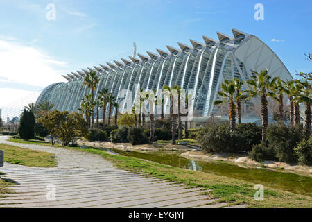 Il Museu de les Ciencies Principe Felipe (il Principe Filippo del Museo della Scienza) in giardini Turia a Valencia. Spagna Foto Stock