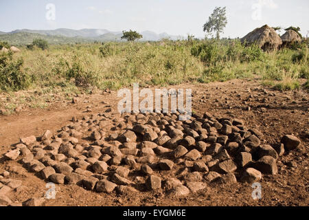 Etiopia, Valle dell'Omo, Mursiland meridionale, vista del villaggio e il campo ; Dirikoro Foto Stock