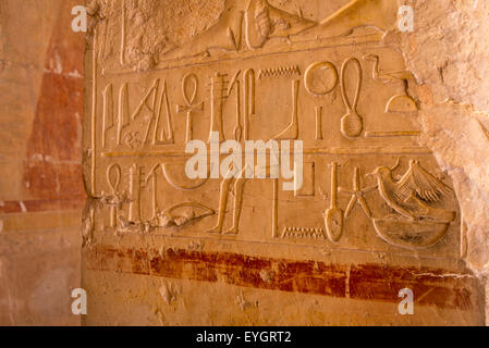 Le sculture in legno colorato e geroglifici presso il tempio di Hatshepsut vicino alla Valle dei Re, Luxor, Egitto Foto Stock