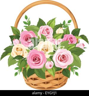 Cestino con rosa e rose bianche. Illustrazione Vettoriale. Illustrazione Vettoriale