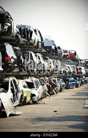 Distrutto i veicoli sono visti in un auto junkyard Foto Stock