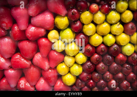 Quatre Bornes, Mauritius. Red Jamalac, Cinese di guava e Spiaggia di giallo albicocca frutti per la vendita al mercato. Foto Stock