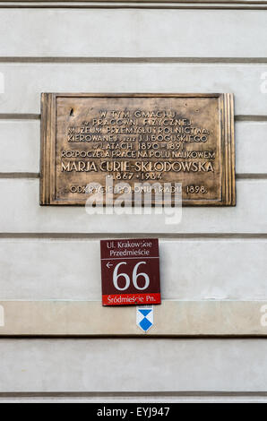 Lapide che ricorda la prima Maria Skłodowska laboratorio Curie, Varsavia, Polonia Foto Stock