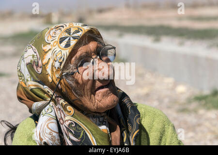 Il raccoglitore di erbe. Anziana donna persiano vicino alla tomba di Ciro il Grande, Pasargardae, Iran Foto Stock