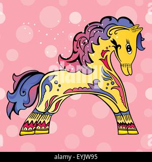Bambini ornamentali schizzo illustrazione con elementi ornamentali stile russo carattere sulla rosa polka dot sfondo con volute Illustrazione Vettoriale