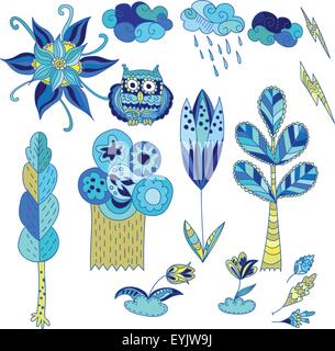 Schizzo kid Stile simboli della foresta - alberi, OWL, fiori e icone meteo - nuvola con pioggia, fulmini isolato su bianco backgroun Illustrazione Vettoriale