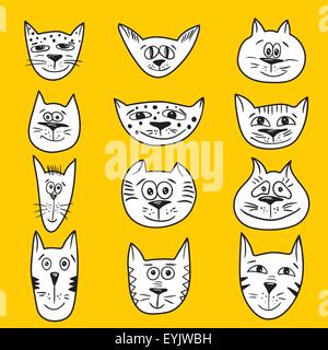 Schizzo di vettore emotivo gatto sorridente facce icone Illustrazione Vettoriale