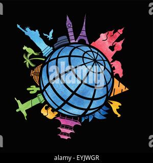 Una serie di famosi punti di riferimento su un abbozzato stile acquerello in tutto il mondo. Illustrazione Vettoriale