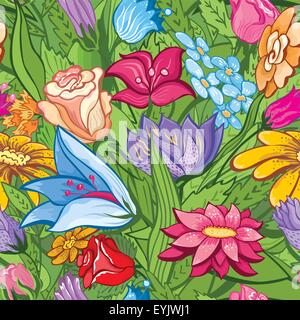 Verde sullo sfondo senza giunture con fiori di primavera per la progettazione Illustrazione Vettoriale