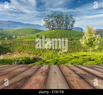 Listoni in legno piano con il tè verde di piantagioni in background. Munnar Kerala, India Foto Stock