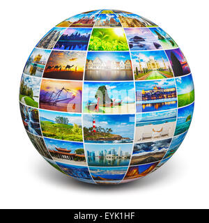 Global travel media world globe concetto - Foto di sfera con le immagini del viaggio isolato su bianco. Tutte le foto sono dal mio portafoglio. Foto Stock