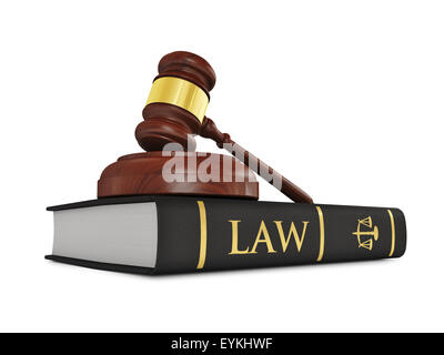 Legge il concetto di giustizia - giudice in legno martello sul diritto libro isolato su sfondo bianco Foto Stock