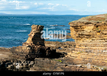 Tower o'Men o'Mey stack mare a St. John's Point, sulla costa settentrionale di Caithness, Scozia, Regno Unito. Foto Stock