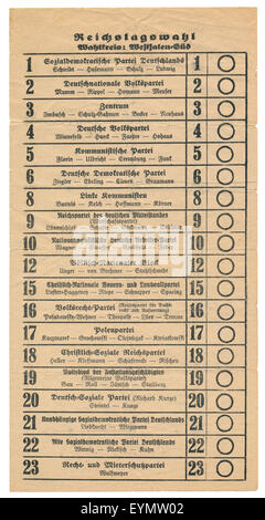 Scheda di polling del tedesco elezioni federali, 20 maggio 1928, Impero Tedesco, Europa Foto Stock