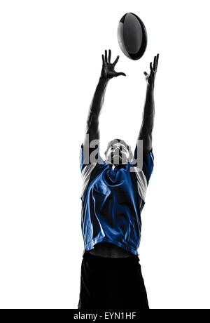 Un caucasian rugby man player in studio silhouette isolati su sfondo bianco Foto Stock